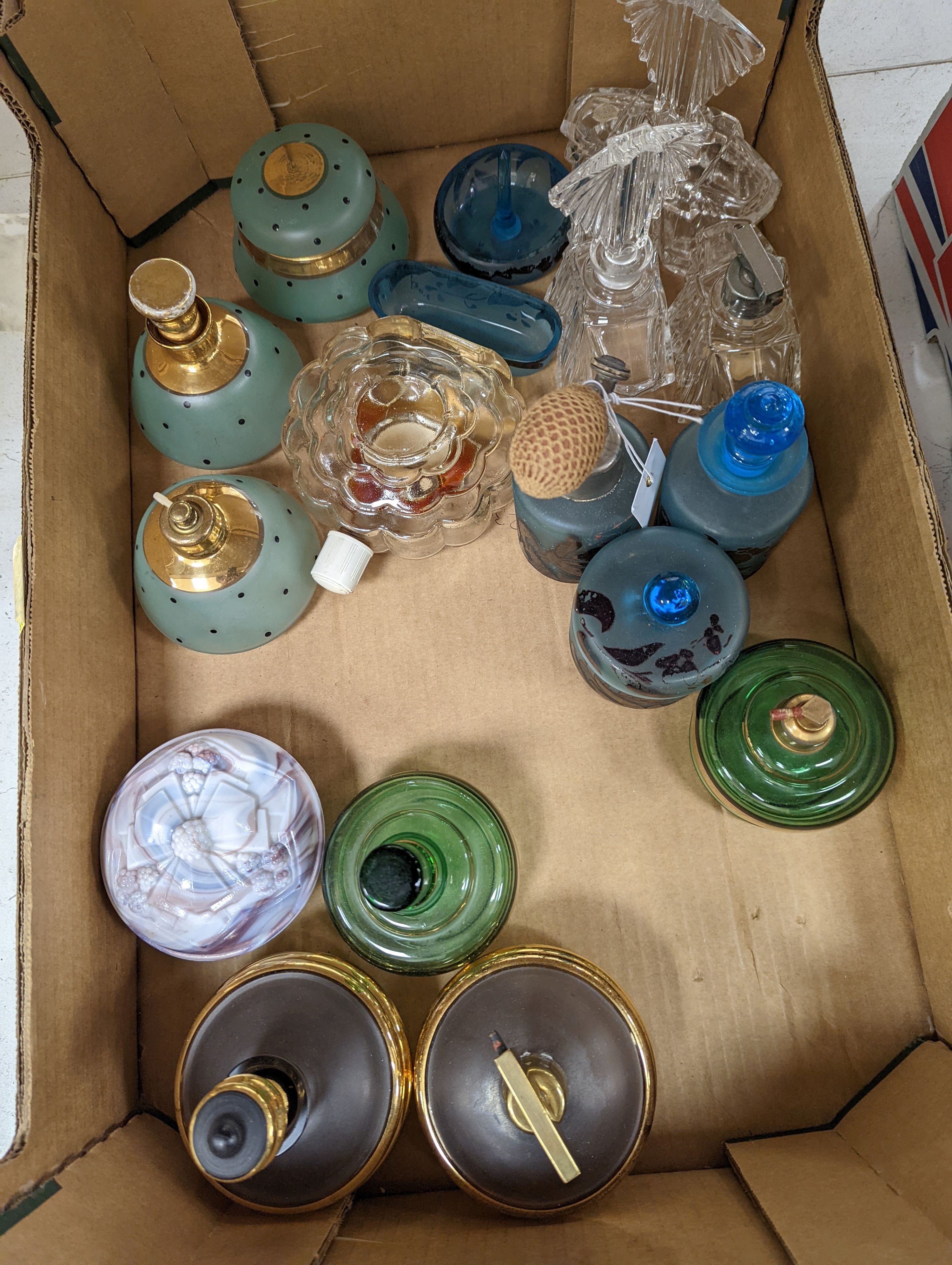 A collection of Art Deco and later glass ware, scent bottles and atomisers, Tallest 20cms high